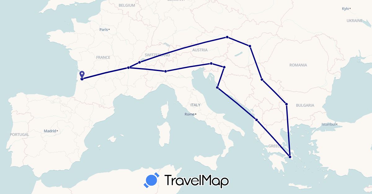 TravelMap itinerary: driving in Albania, Austria, Bulgaria, Switzerland, France, Greece, Croatia, Hungary, Italy, Serbia, Slovenia (Europe)